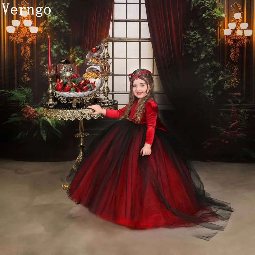 

Verngo Red Velvet Girl Flower Dress Full Sleeves A Line Birthday Party Dress Princess Sweap Train Ball Gown Customized