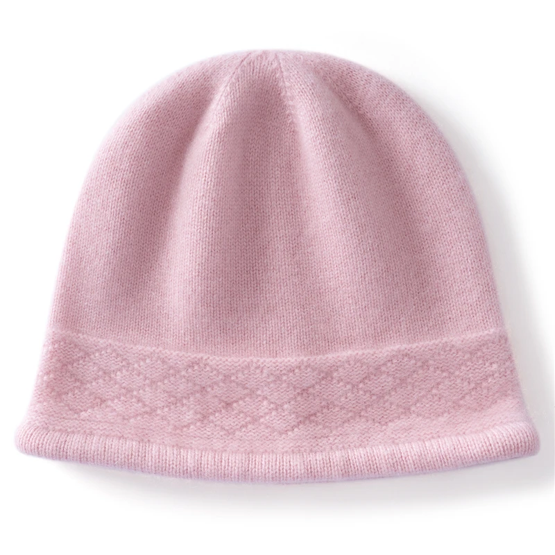 KOIJINSKY 100% Pure Cashmere Beanie Hat Women Diamond Textured Cuff Rolled Hem Warm Winter Knit Cap
