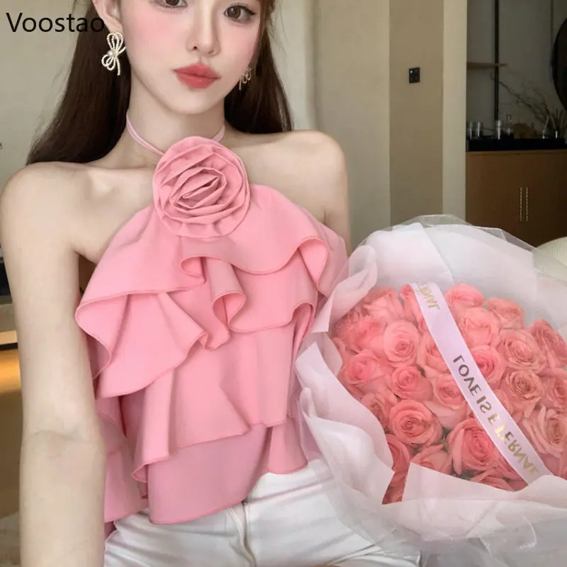 ฤดูร้อนผู้หญิง Sweet Halter คอเสื้อ Elegant Off Shoulder Ruffles Crop Tops หญิงแฟชั่น Beach เสื้อผ้าสไตล์เซ็กซี่