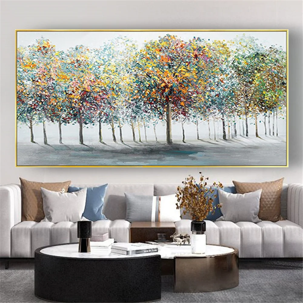 

100% Handmade Colorful Trees Forest Abstract Oil Painting Exhibit Wall Art Pictures For Living Room Modern Cuadros Canvas Poster