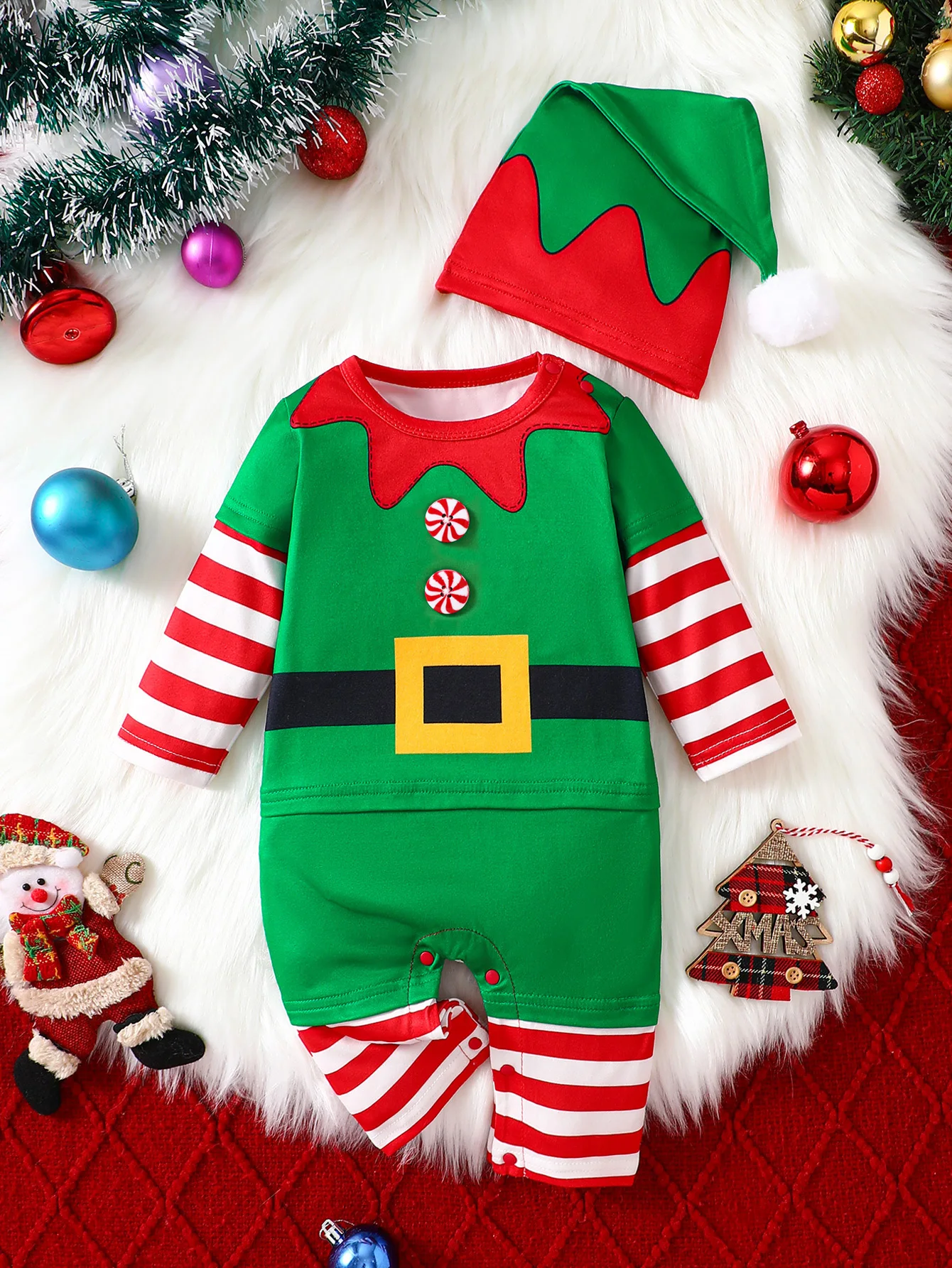 IURNXB Baby Christmas Elf Romper with Hat 2pcs Outfits Set Long Sleeve Infant Costume for Xmas Newborn Clothes Set 1-12M