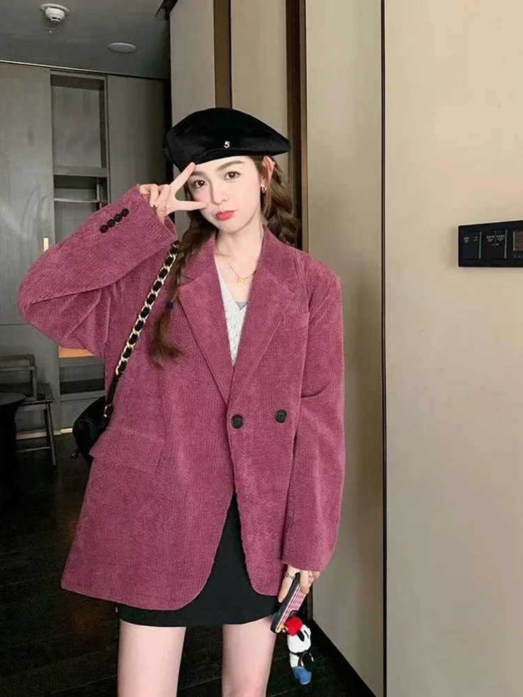 

Vintage Corduroy Women Blazer Y2K Streetwear Loose Single Breasted Suit Jacket Korean Long Sleeve Elegant Office Lady Outerwear