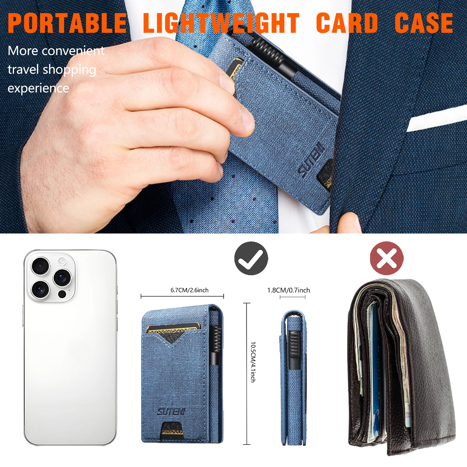 SUTENI Kunstleder für Herren, Geldbörse, Kartensteckplatz, Geldbörse, Flip-Cover, Kartenbox, drückt den Knopf automatisch die Karte aus – Detail 6
