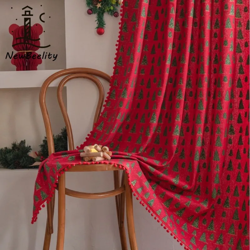

Christmas Curtains Red Christmas Tree Gold Stamping Half-Blackout Curtains for Living Room Bedroom Dining Decoration Drapes