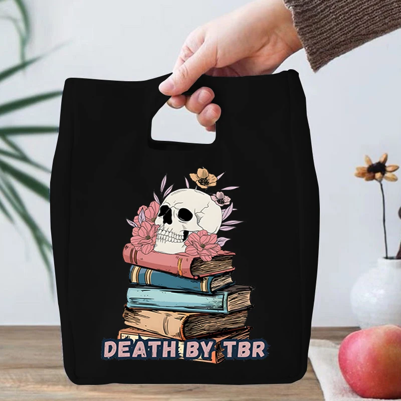 

Skeleton Reading Graphic Portable Lunch Bag Vintage Skull Book Print Lunch Box Storage Bag Student Insulated Canvas Lunch Bags