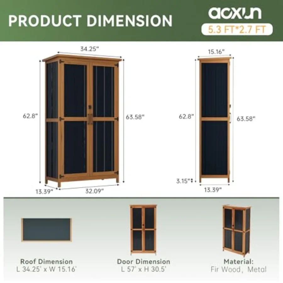 Outdoor Storage Cabinet Shed Wood Garden Vertical Cabinet: Weather-Resistant Pine, Natural Brown, Lockable Doors Ventilated Des