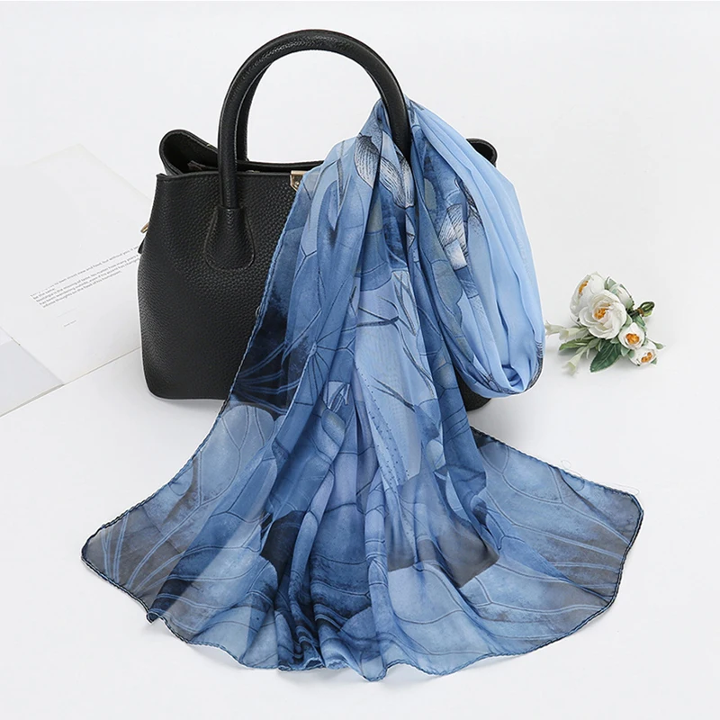 Lotusblütenmuster Simulation Seidenschal Damen Chiffon Schal Lange Gaze Leichter Halstuch Modischer Schal Hijab – Detail 7