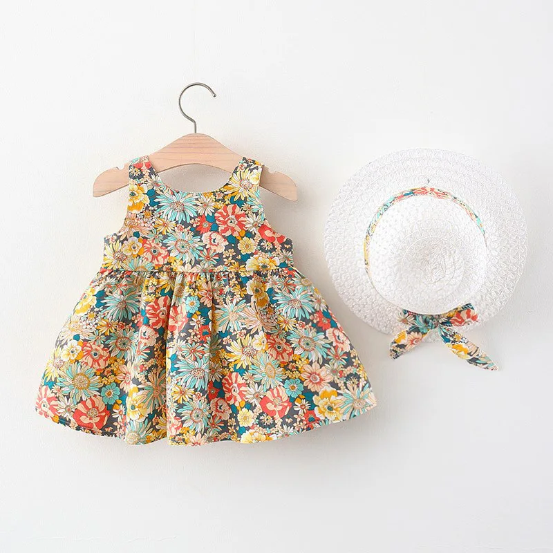 Girls 2026 Summer Dress New Stylish Sweet Cute Floral Sleeveless Spaghetti Strap Princess Baby Cotton Dress with Bow