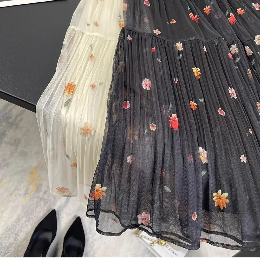 

Gagarich Embroidered Half Skirt Women Summer 2025 New Elastic Waist Cover Stretching Slimming A-line Elegant Chiffon Long Skirt