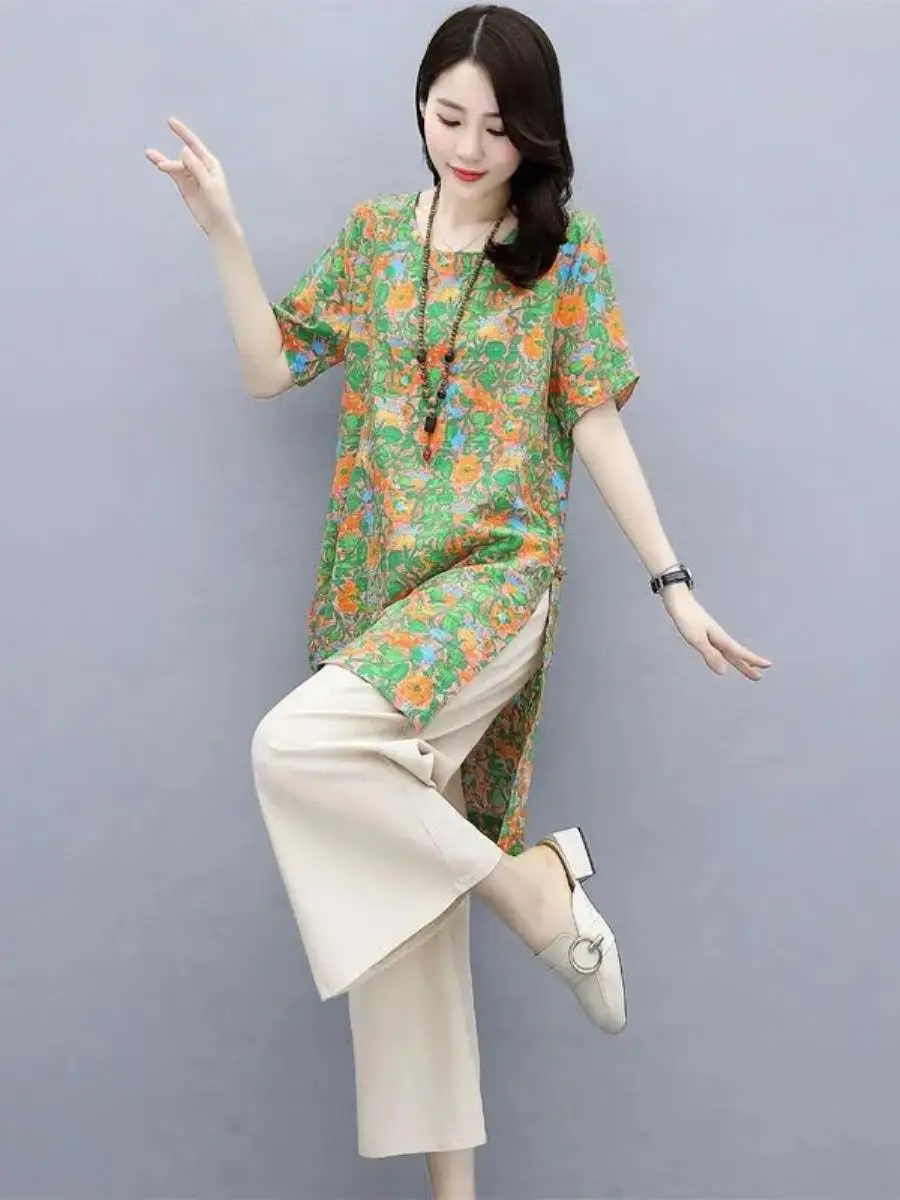 

Удобные широкие брюки для женщин, новый летний комплект с цветочным принтом, топ, скрывающий живот, большие размеры, повседневный стиль, элегантная мода