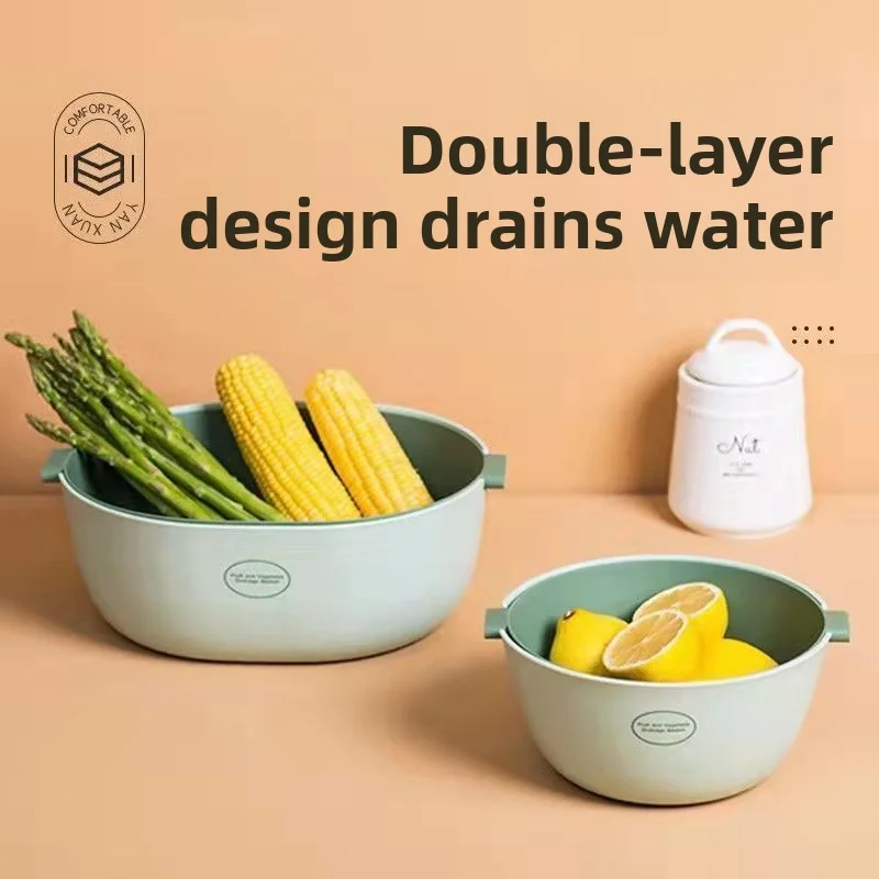 Double Layer PET Transparent Vegetable Basket with Drainage Household Kitchen Multi-function Fruit Washing Basin Water Filter