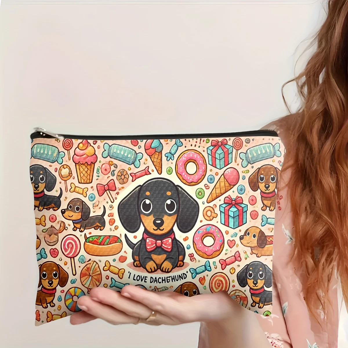 A Cute Dachshund and Candy Makeup Bag - Adorable Multi-functional Zipper Bag, Jewelry Storage Bag, Perfect Travel Zipper Pouch
