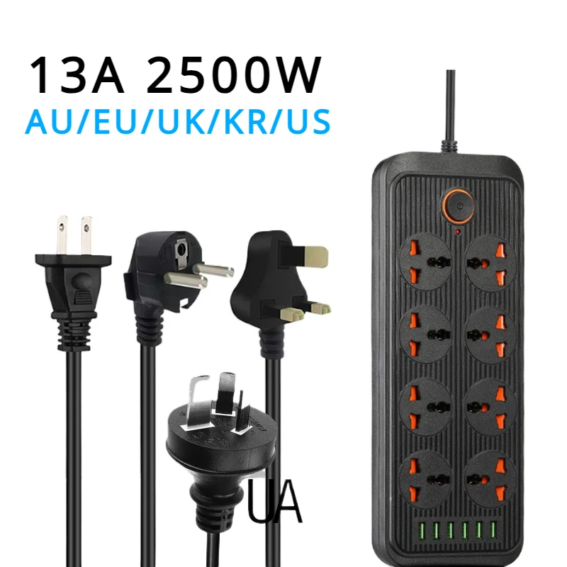 13A Universal Power Strip Sockets Outlets with Extension Cable USB 2500w KR EU US UK AU Plug Electric Overload Protection Socket