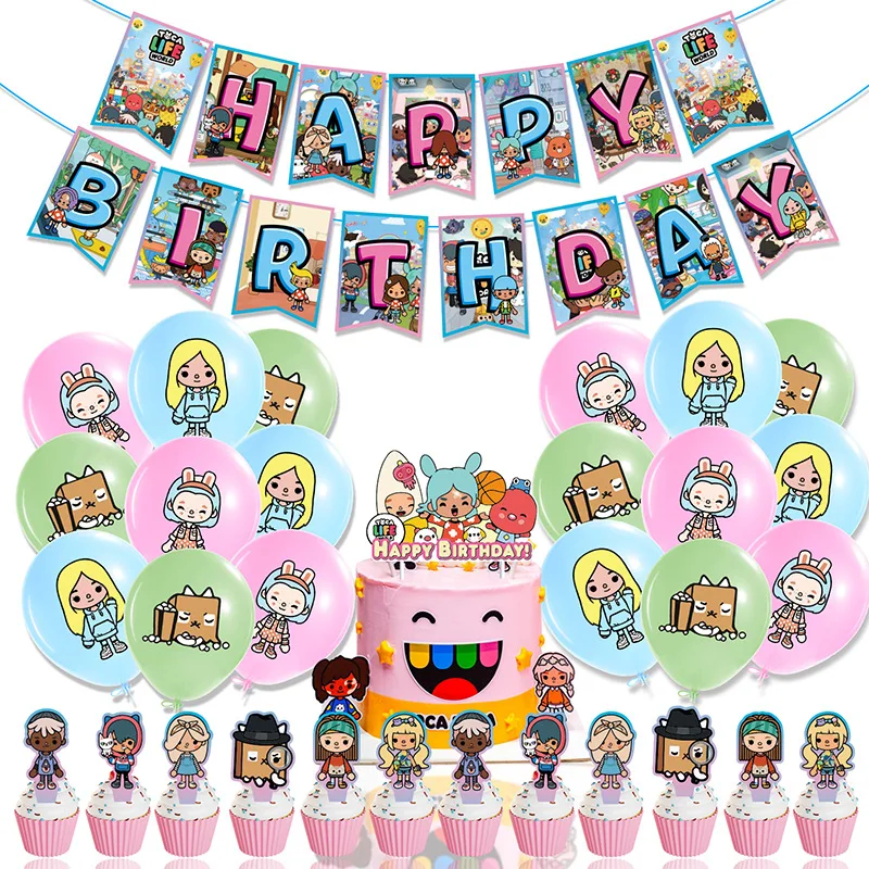 

Toca Life World Cute Anime Kids Happy Birthday Banner Boy Girl Cake Topper Party Supplies Decoration Latex Ballon Baby Showers