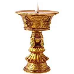 19.5cm Electric Tibetan Butter Lamp Rechargeable Warm White LED Thailand Buddhist Led Candle Carving Craft Resin Candlestick