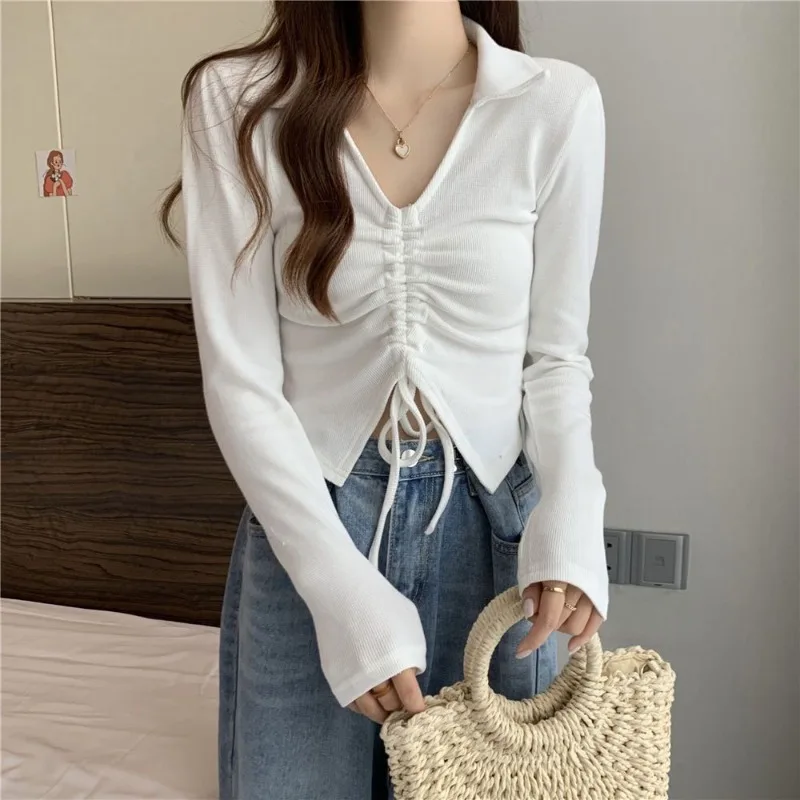 Pink Women Knit Top 2026 Autumn Long Sleeve V Neck Short Blouse Pleated Collar With Tie Belt Casual Chic Knitted Sweater​