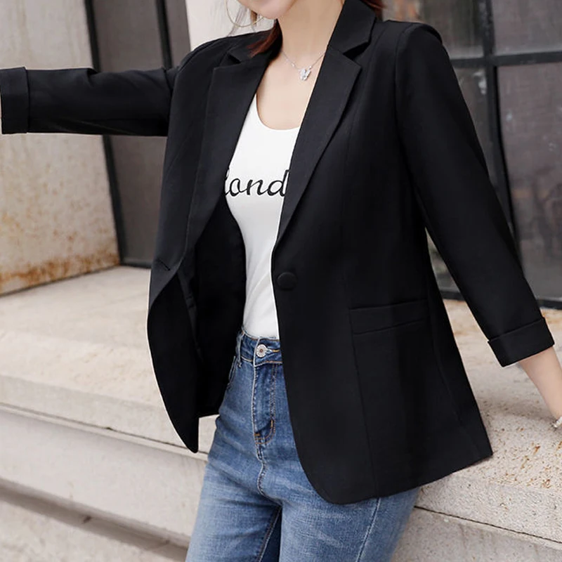 Three Quarter Sleeve Notched Skinny Blazers Solid Color Button Office Lady Business Casual Fashion Formal Women's Clothing 2023
