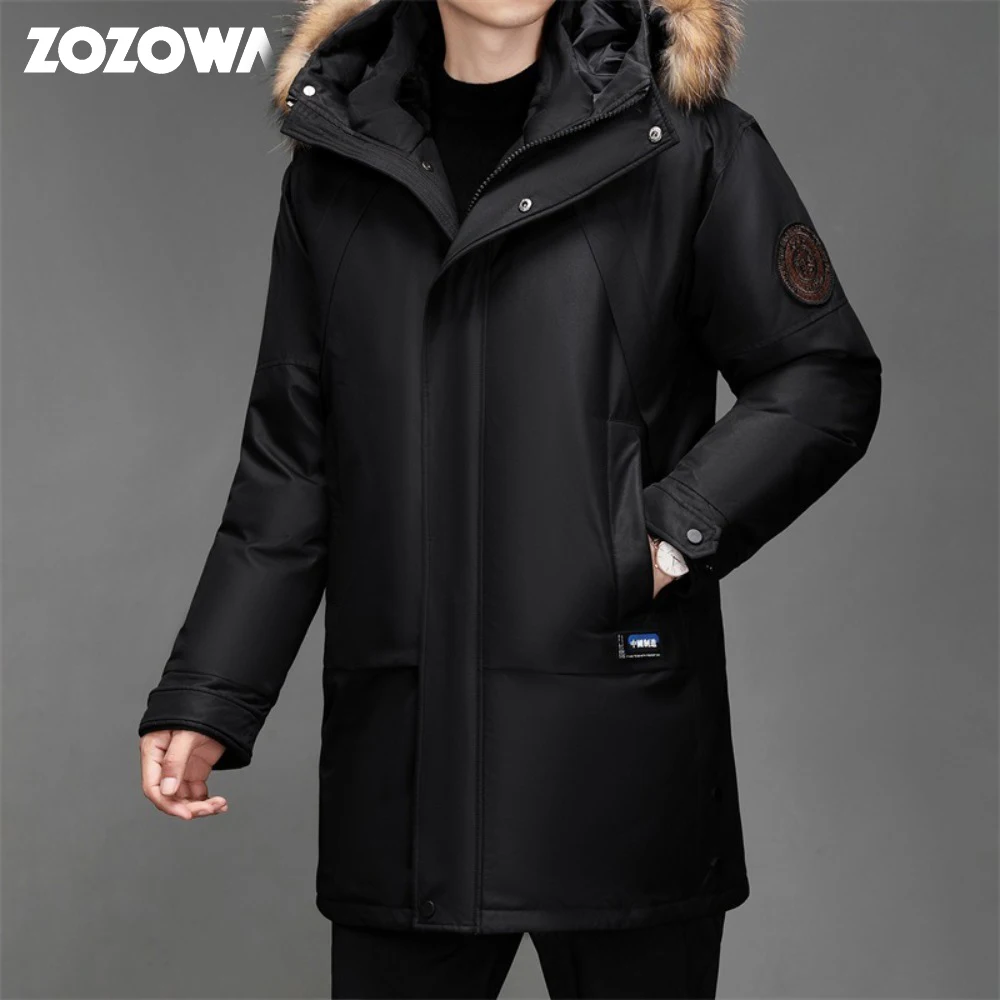 ZOZOWANG New Mens Winter White Duck Down Jacket Mid-Length Hooded Thick Plus Size Tooling Plus Size Winter Warm Down Jacket