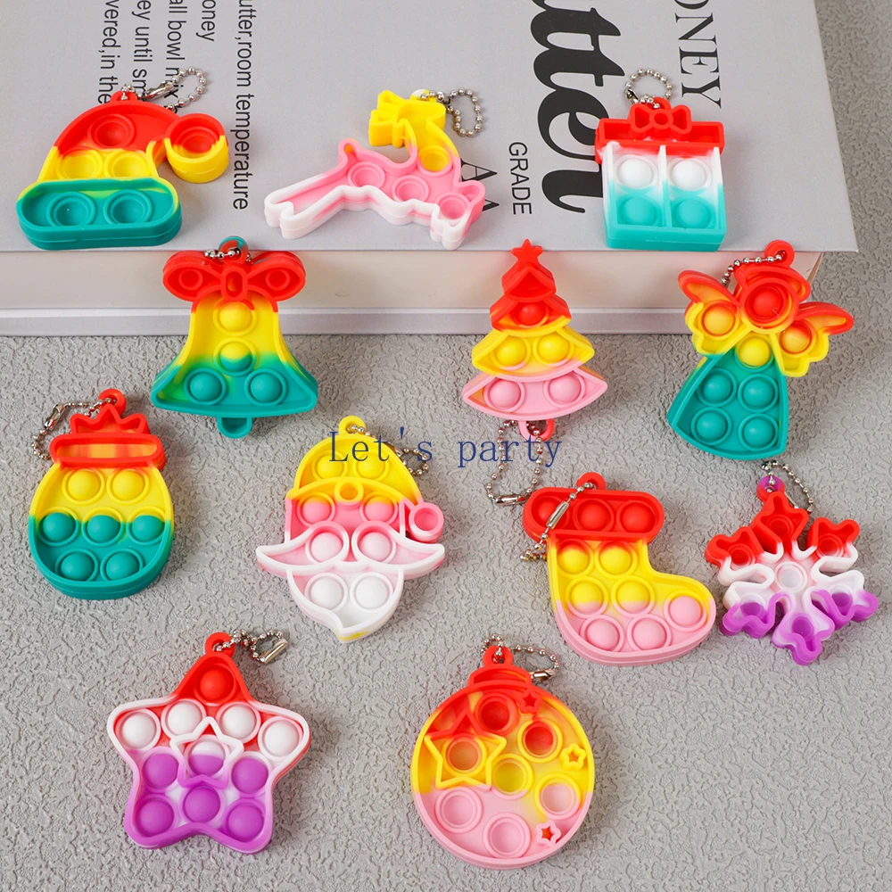 12Pcs Christmas Theme Mini Pop Keychain Santa Claus Reindeer Sensory Fidget BubblesToys for Christmas Party Favors Pinata Filler