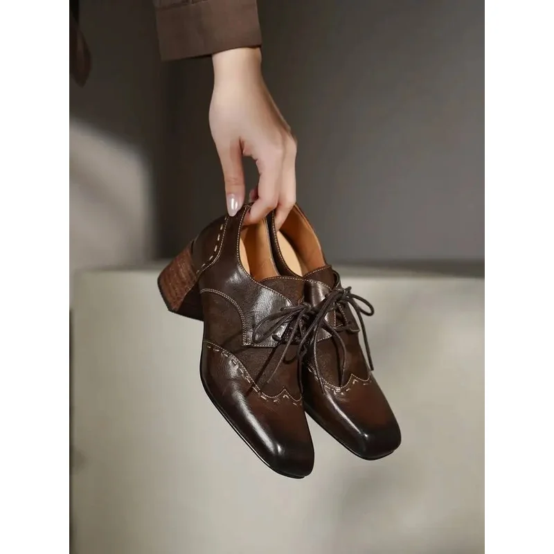 Women Retro Square Toe Lace Up Oxford Shoes 5cm Chunky Block Heel Genuine Calfskin Upper Pigskin Lining Cow Leather Insole G425