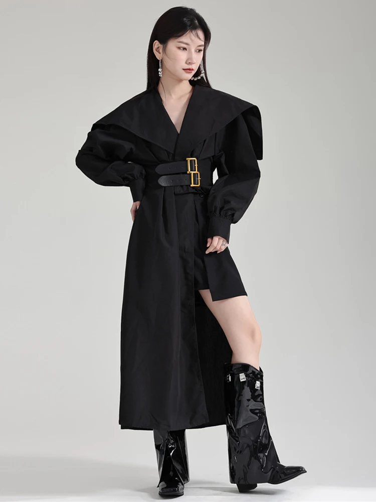 [EAM] Women Black Irregular Shirt Dress New Lapel Lartern Long Sleeve Belt Waist Loose Fashion Tide Spring Autumn 2024 1DH2257