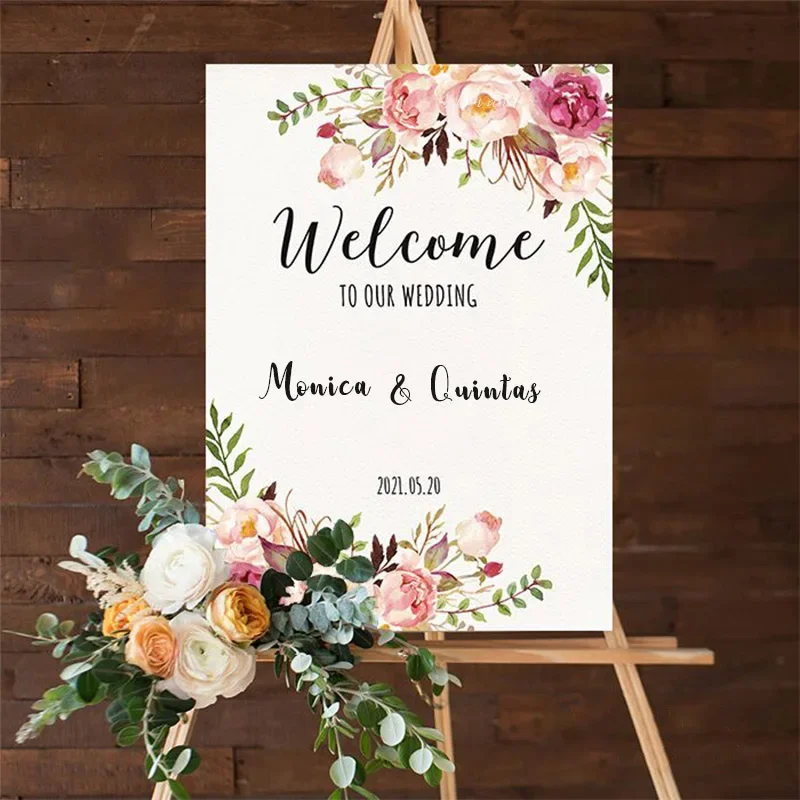 Custom Picture Logo Guests Engagement Party Sign 1pc Soft Canvas 50cm70cm Pink Rose Flower Pattanguage Photo Props