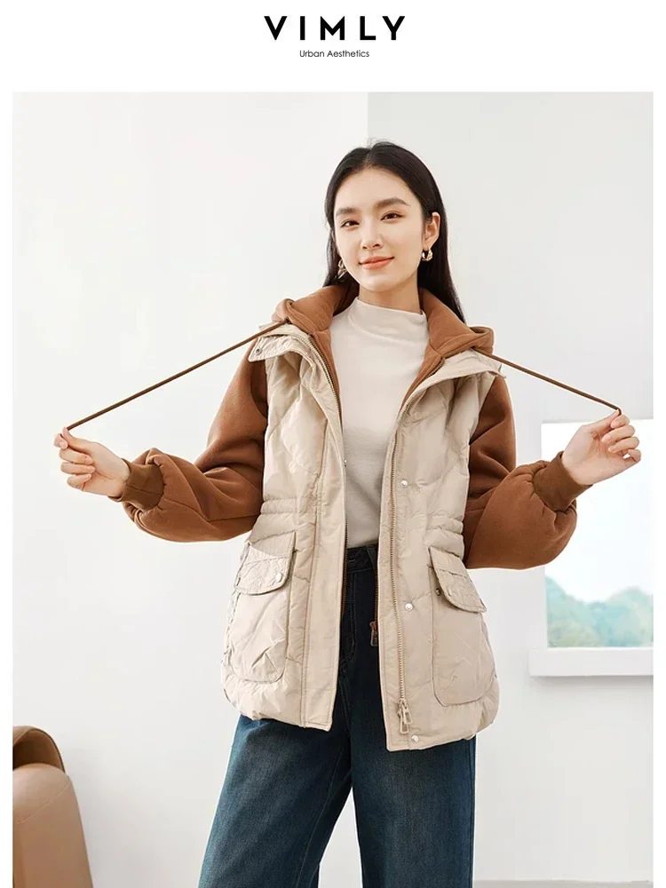 Vimly 2 In 1 Patchwork Down Jacket 2023 Winter New in Outerwears Hooded Single Breasted Zip Through Female Long Down Coat 50638