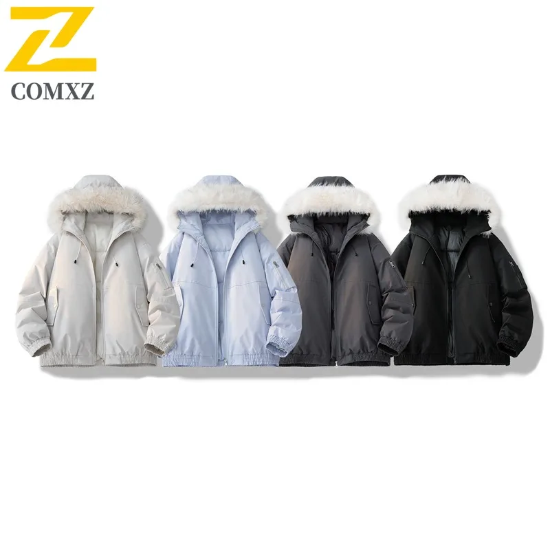 

COMXZ брендовая роскошная стеганая куртка с меховым воротником и капюшоном, ветрозащитная, морозостойкая, зимняя куртка 2025 года, рабочая красивая мужская стеганая куртка