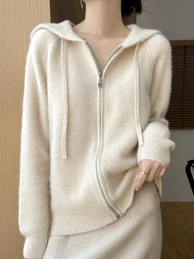 

2024 Fashion Women Zippers Hooded Cardigan Autumn Winter Thick Casual Loose Style Cashmere Sweater 100% Merino Wool Knitwear Top