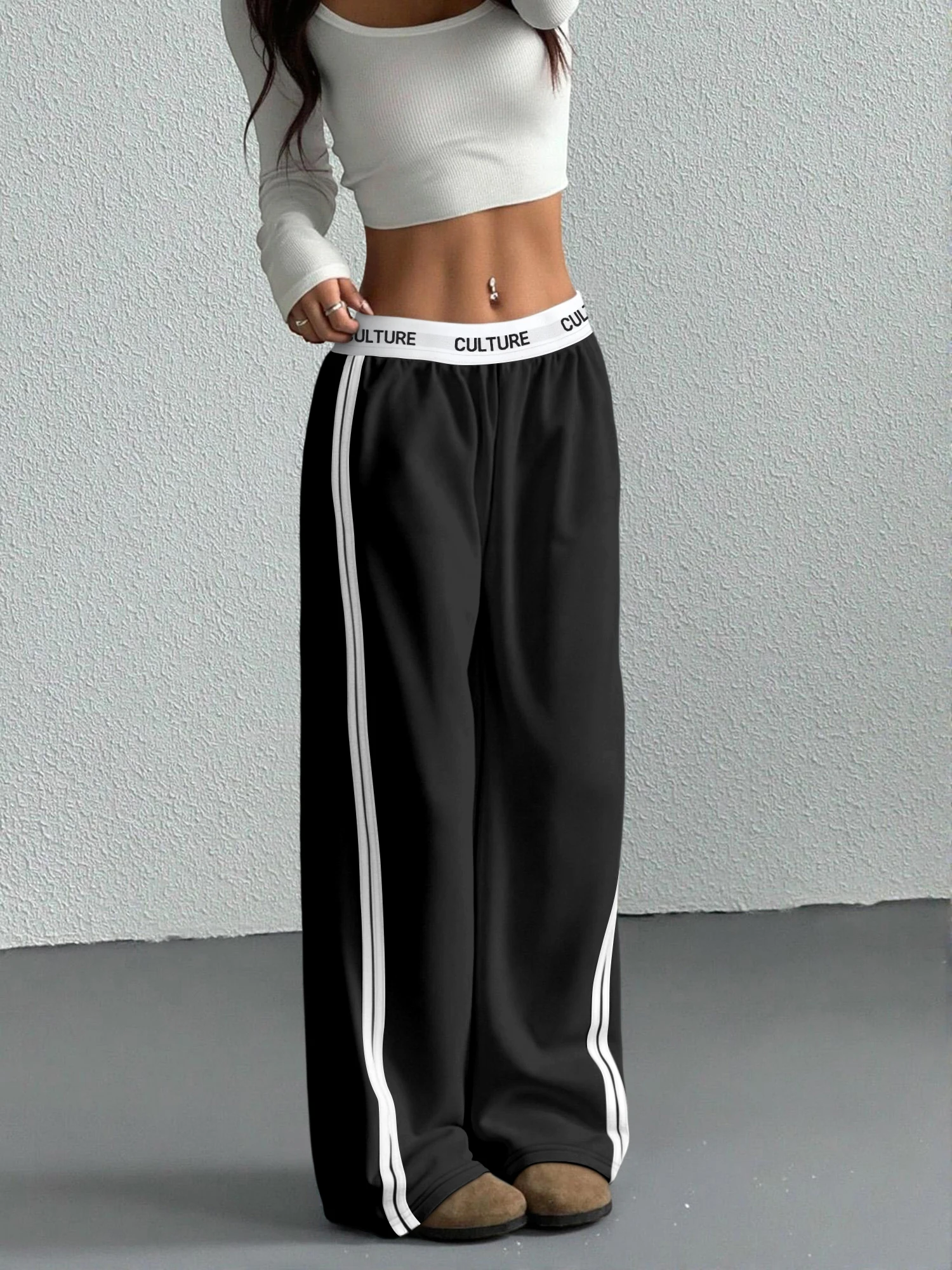 

Легкие женские широкие спортивные брюки с двойными полосками и принтом на поясе, повседневные свободные брюки для шопинга и отдыха
