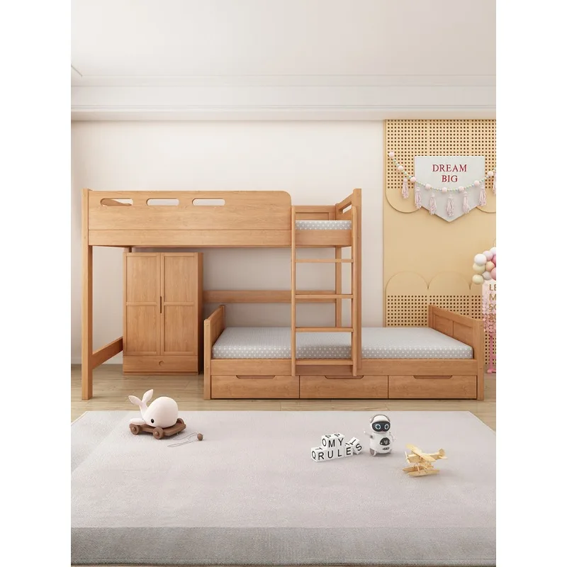 Oak bunk bed, solid wood raised bed, two-layer staggered bunk bed, wooden  and table multi-functional mother and child