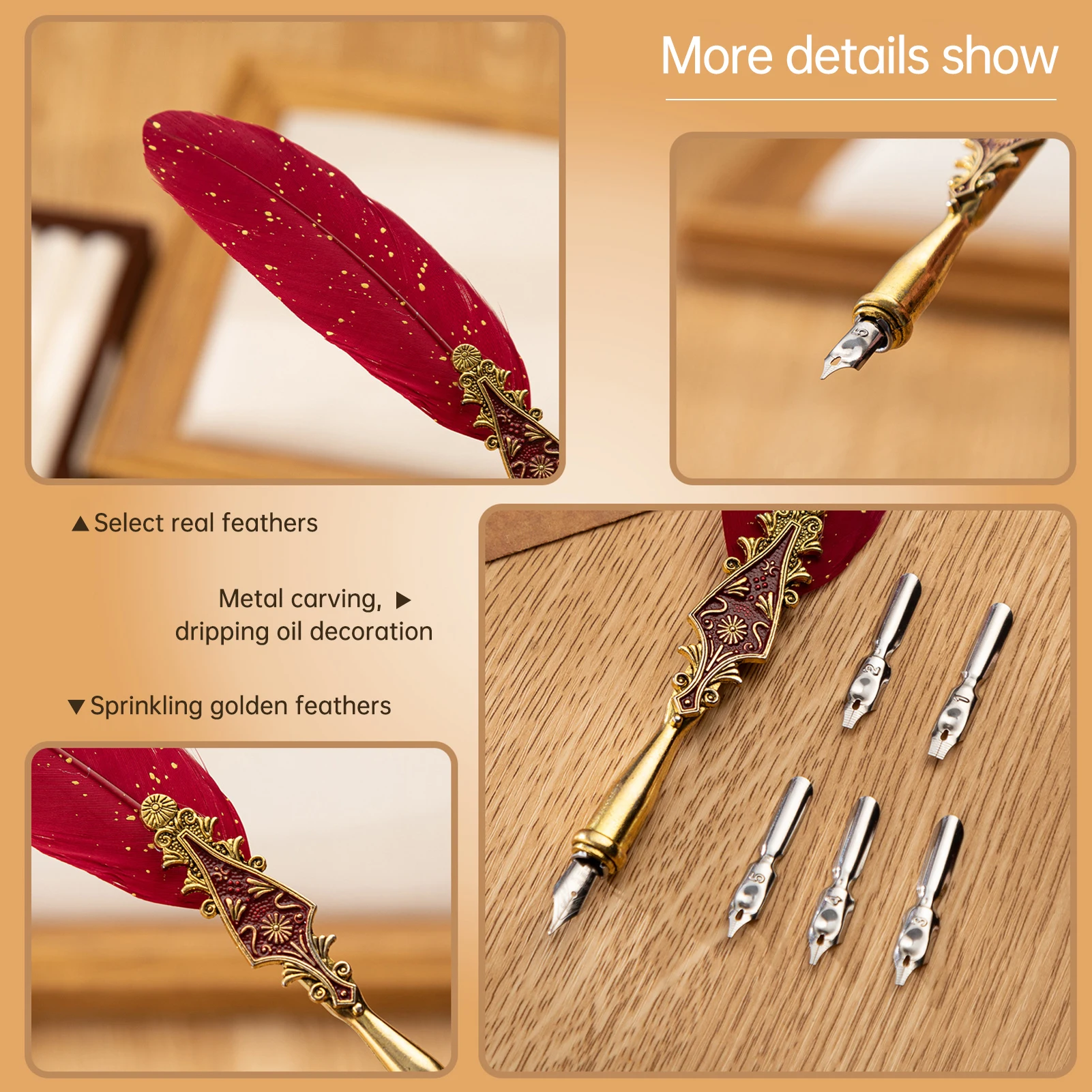 مجموعة أقلام ريترو ريشة تراجع قلم ريشة عتيق أنيق نمط الخط الكتابة التوقيع مع رؤوس بديلة مثالية للكتابة اليدوية #5