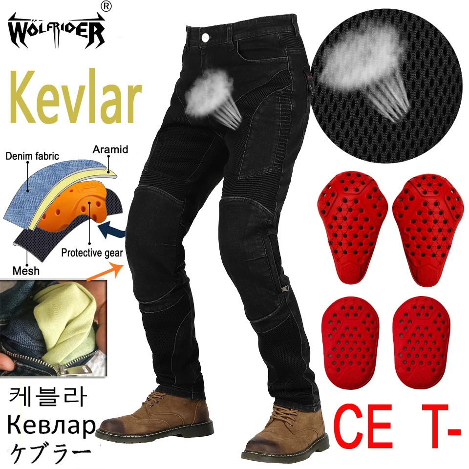 

2022 New men Aramid Motorcycle Jeans All Black Motocross Pants Motorbike outdoor Riding moto trousers anti-fall zipper