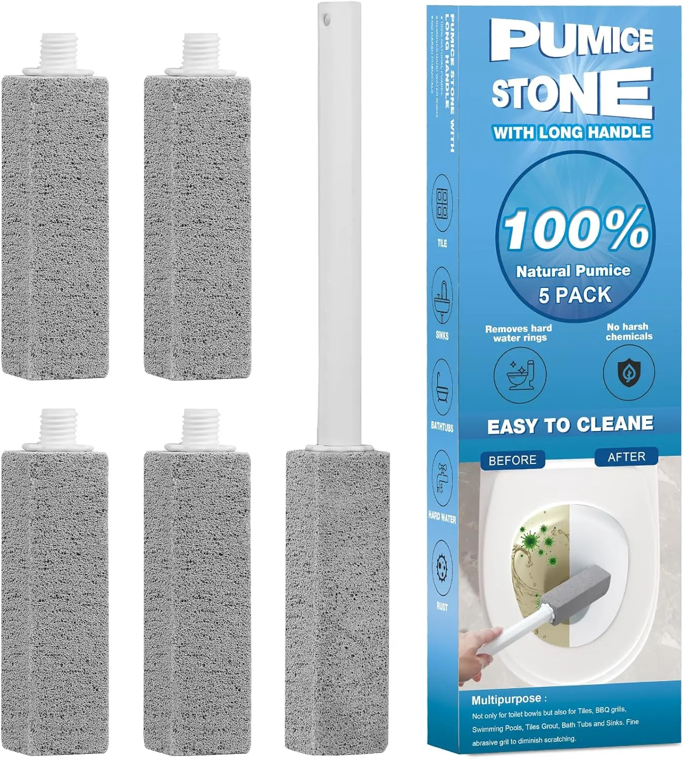 

5-Pack Pumice Cleaning Stones with Long Handle for Toilets, Bathtubs, Grills, Pools, Sinks