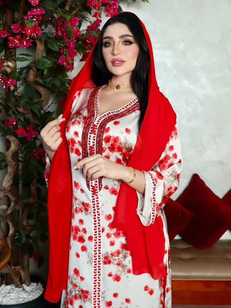 Eid Spring Floral Print Muslim Abaya Dress with Scarf Women Diamond Dubai Arab Turkey Morocco Kaftan Islamic Gown Robe Vestidos