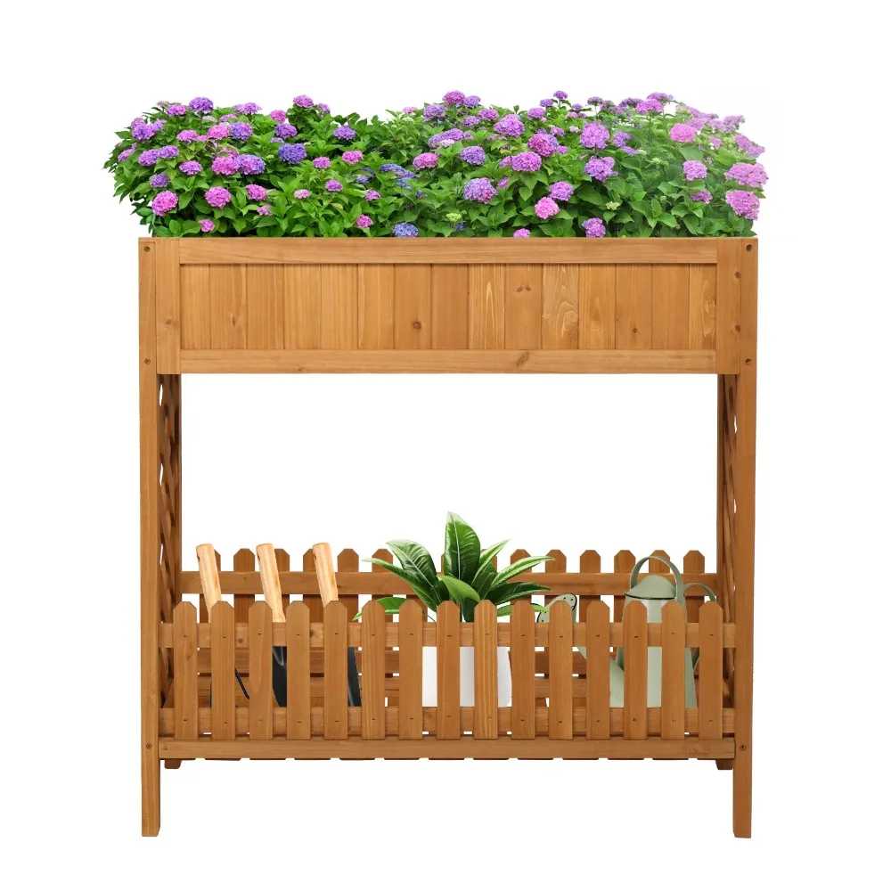 

Поднятая садовая кровать, деревянный ящик для цветов с ножками и полкой для хранения