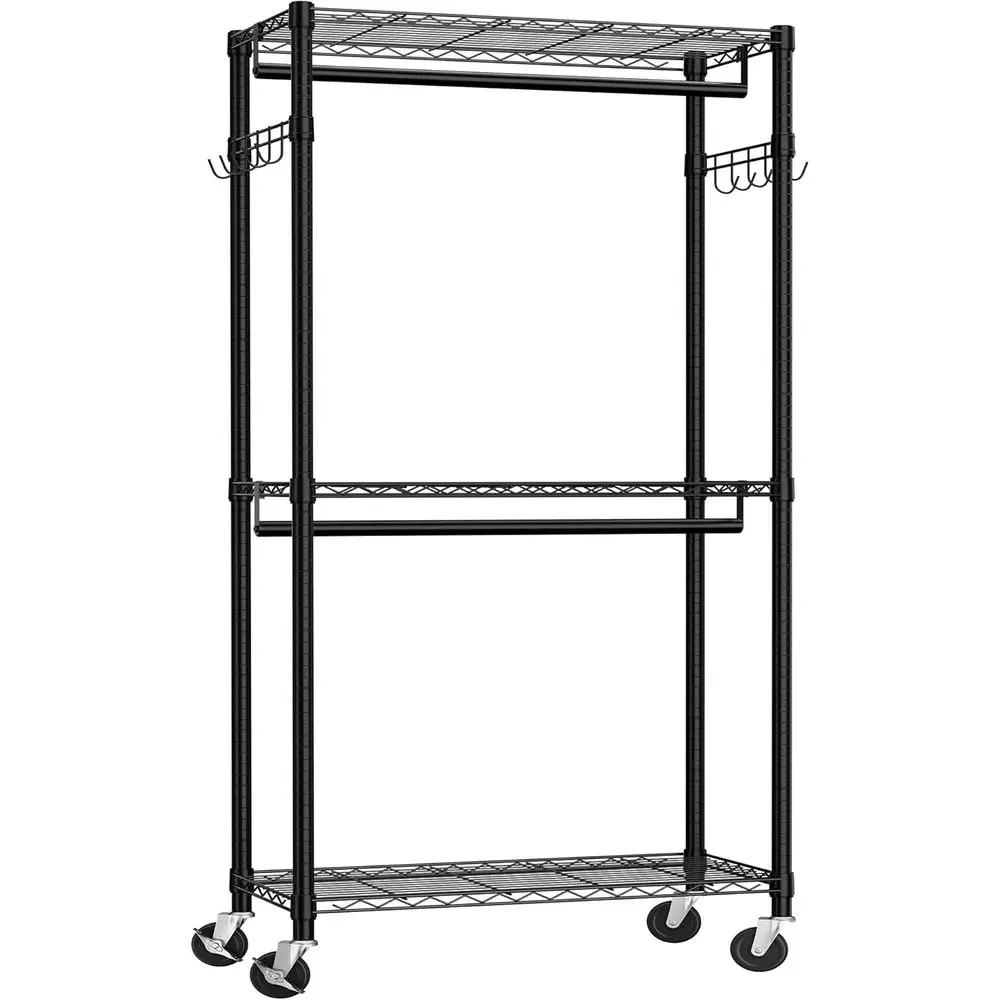 

Clothes Rack for Hanging Clothes, Heavy Duty Garment Rack, Rolling Clothing Rack with Wheels, Portable Hanging rack with 3 Shelv