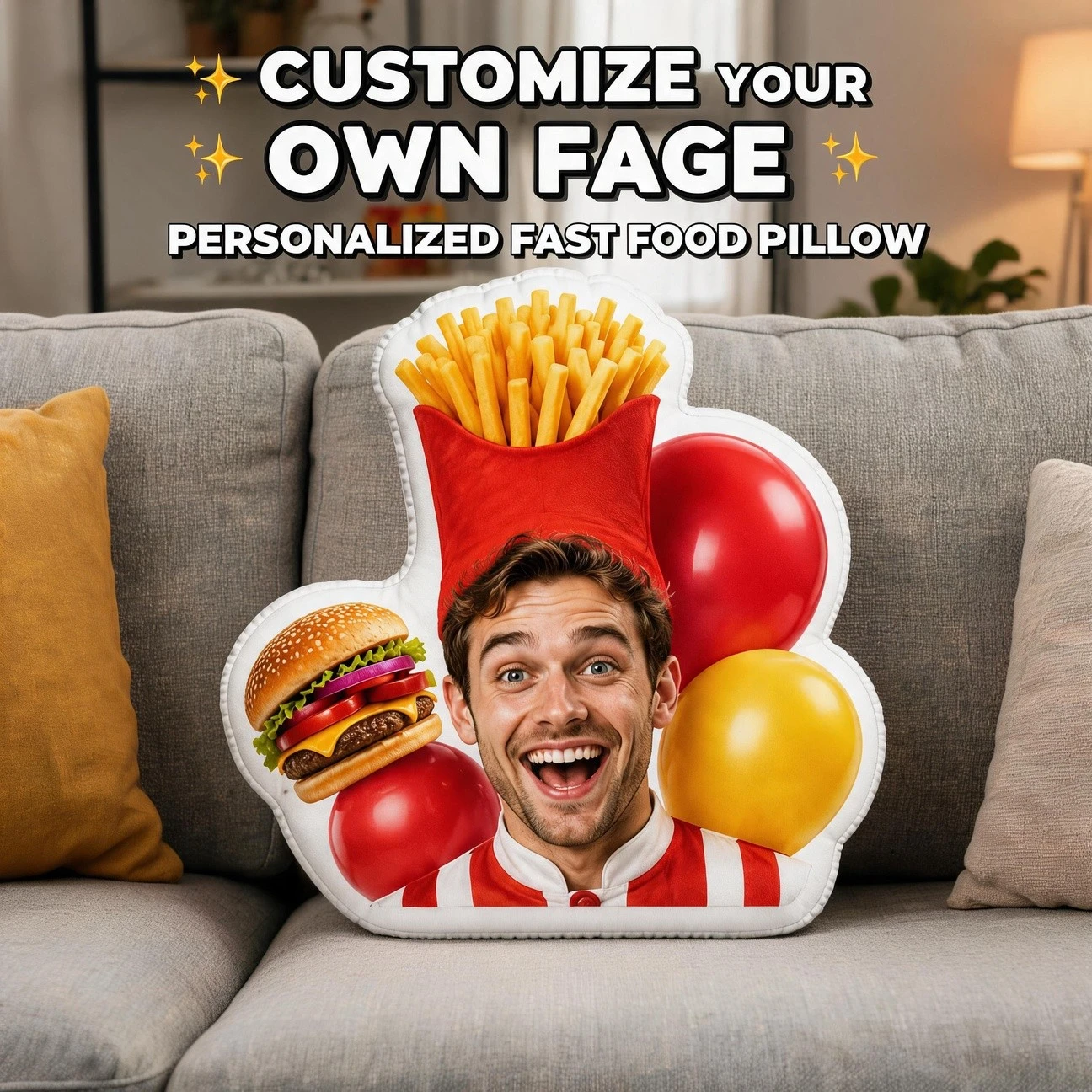 Custom Funny Face-Shaped Pillow, Personalized Photo Chef Style Decorative Cushion with Burger & Fries Design, Unique Home Decor