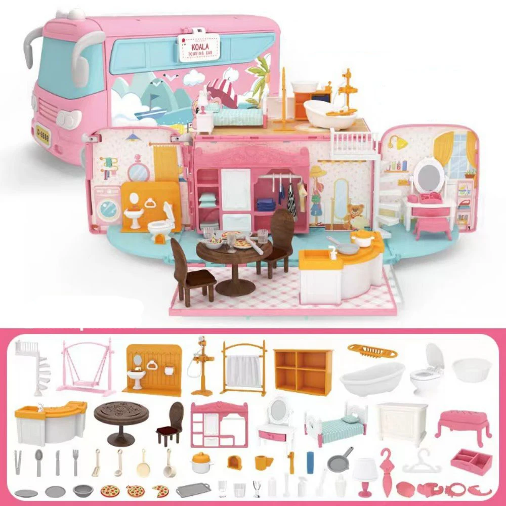 1/12 Scale Mitcien Bus Dollhouse Playset DIY Caravan Camper Car Toy Bunny Doll Animal Cottage Set Miniature Furniture Girl Gifts