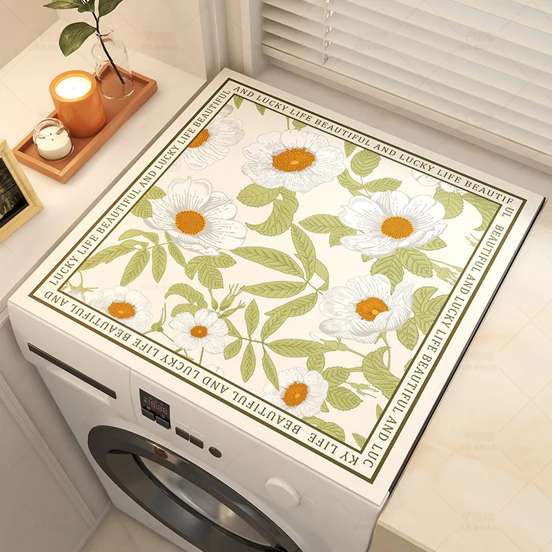 VIKAMA French Vintage Peony Washing Machine Cover Mat Floral Letter Border Waterproof Anti Dust Laundry Dryer Top Pad