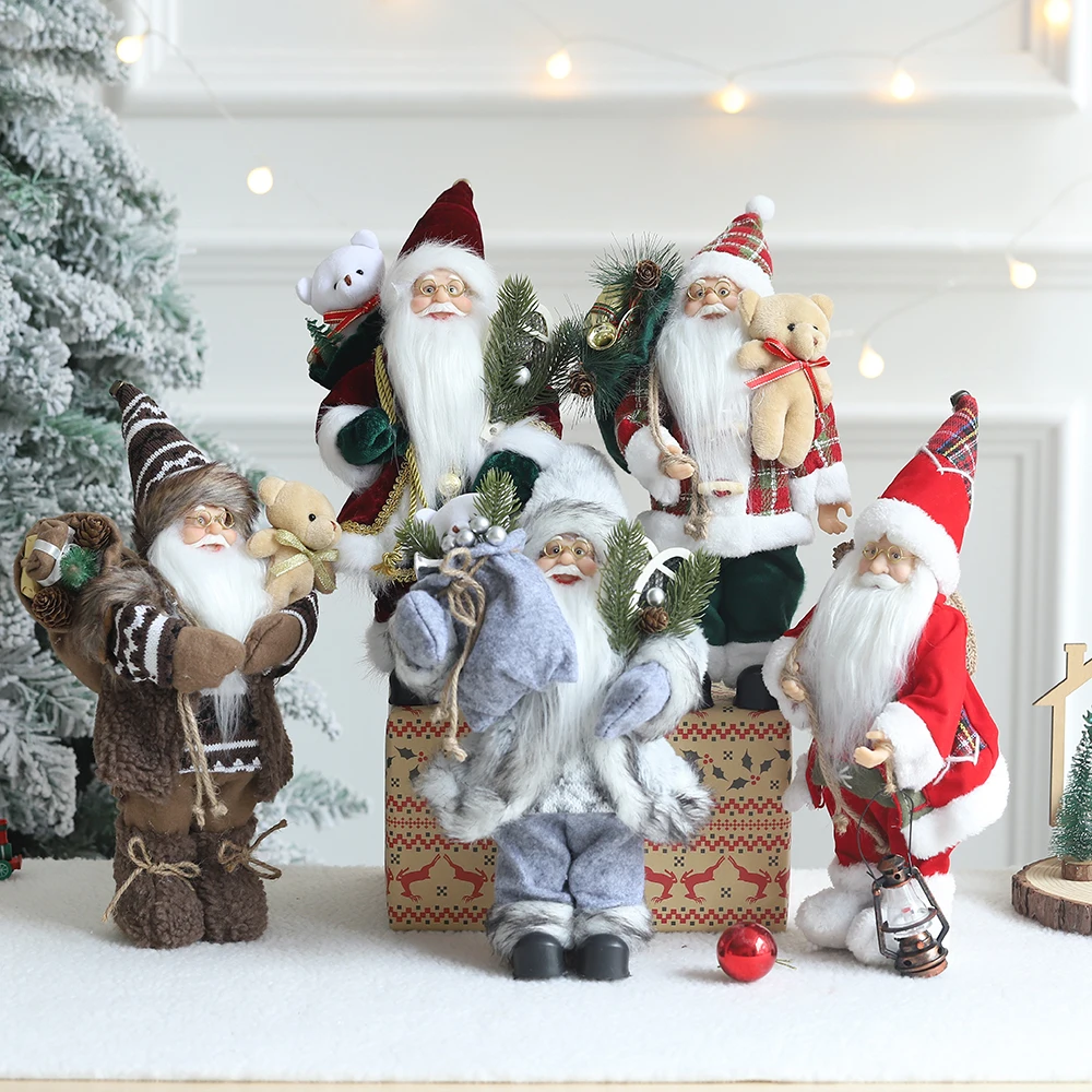 

New Standing Santa Claus Figurines Doll Plush Red Gray Brown Little Bear Gift Bag Textile New Year Navidad Natal Christmas Decor