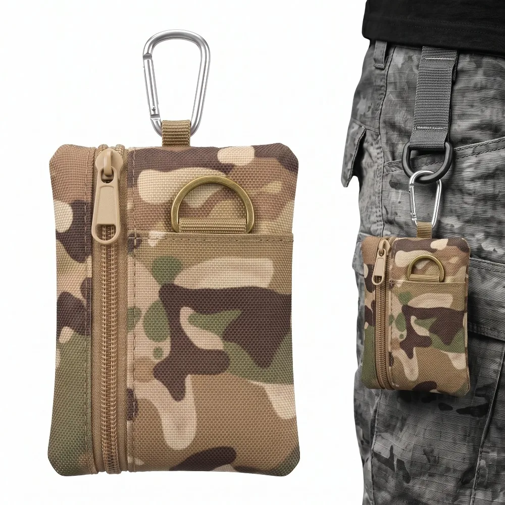 Camo Mini Molle Tactical Pouch Waterproof Oxford Zipper Key Wallet Portable Card Coin Bag with Carabiner Outdoor EDC Gear