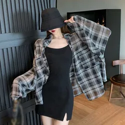 Women Retro Plaid Chiffon Shirt Loose Sun Protection Top Long Sleeve Shirt Summer Sun-proof Casual Button Plaid Shirts Chiffon B