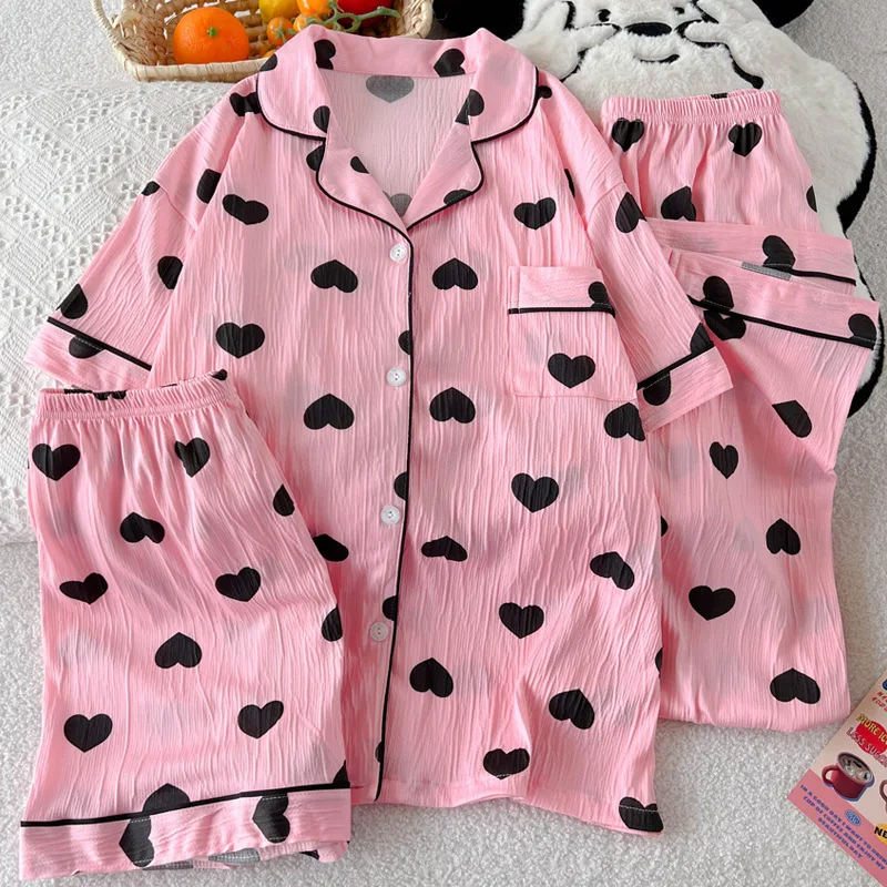 Girls' Short-sleeved Summer New Style Pajama Set with Heart Pattern, Popular Among Women, Three-piece Set for Home Wear.