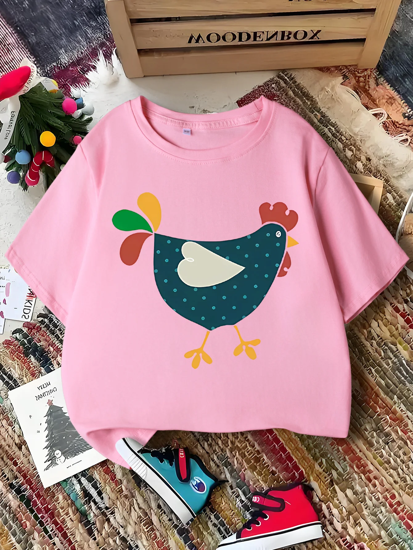 Cute Polka Dot Cartoon Chicken Print Graphic Kids Tee Boys Girls Family Matching Cotton Crew Neck Short Sleeve Soft Summer Tee