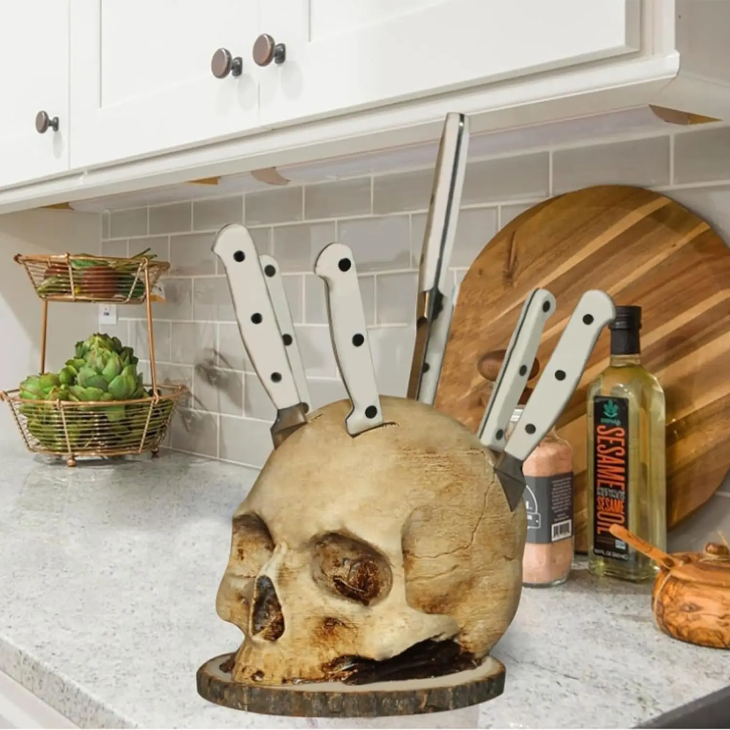 Halloween Skull Knife Holder Horror Kitchen Storage Head Rack Skeleton Knife and Fork Stand Desktop Ornaments Home Decoration