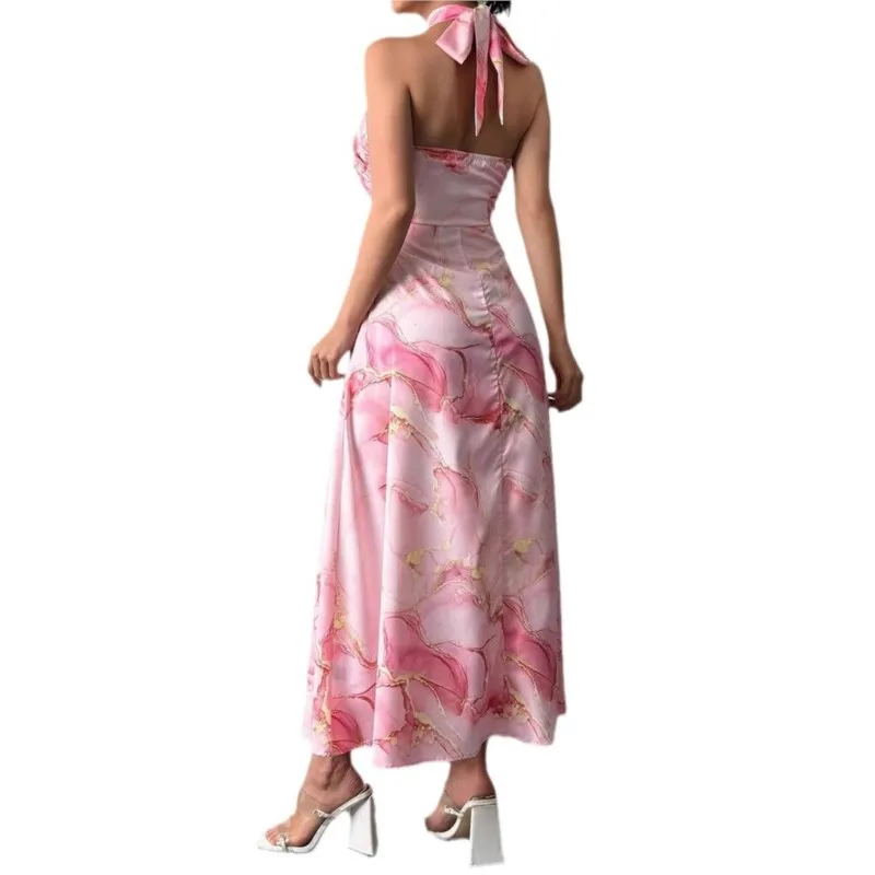 Halter Neck Dress Backless Vestidos Slim Dresses 2025 Woman Printing Vestido Femininos Leace-up Sleeveless Temperament Sweet