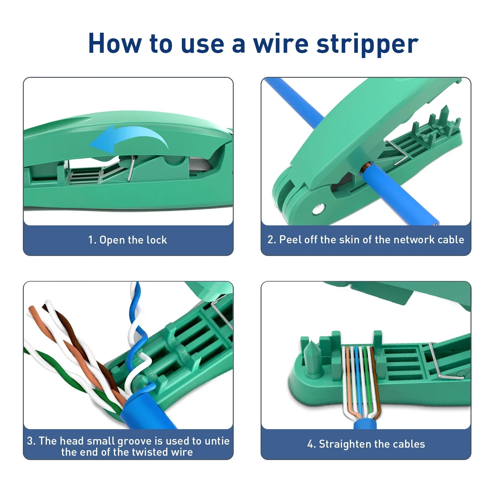 Ferramenta de decapagem de fios ZoeRax 4 em 1 RJ45 com funções de corte, descascamento e desembaraço para cabos STP/UTP.