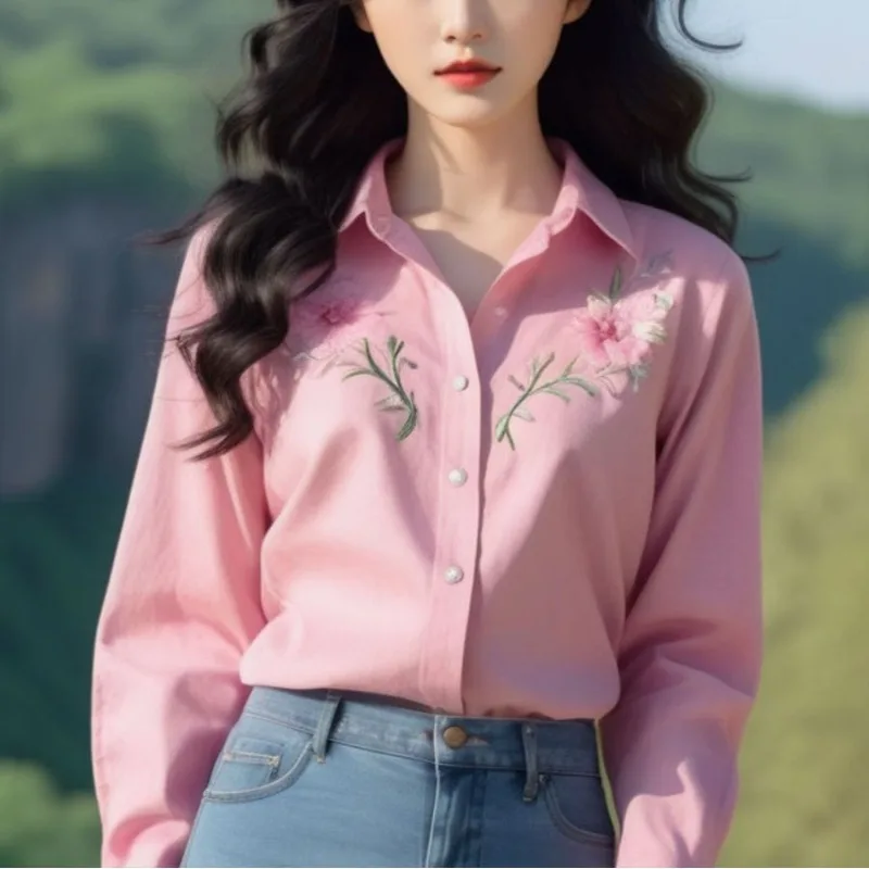 Minimalist Commuter Lapel Blouse Women's 2024 Spring New Embroidery Fashion Loose Solid Color Single-breasted Long Sleeve Shirt