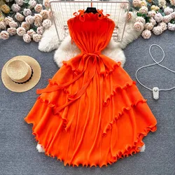 Summer Miyake Pleated Dress Women Stand Sleeveless Ruffles Oversize Lace Up Belt High Waist A-Line Dress Female Boho Clothing